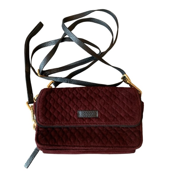 Vera Bradley Handbags - Vera Bradley Quilted Maroon Velour/Velvet Crossbody Purse Bag  Wristlet Strap